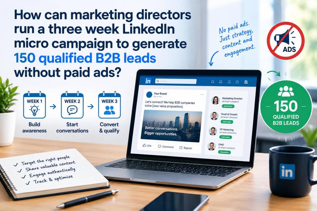 How can marketing directors run a three-week linkedin micro-campaign to generate 150 qualified b2b leads without paid ads?