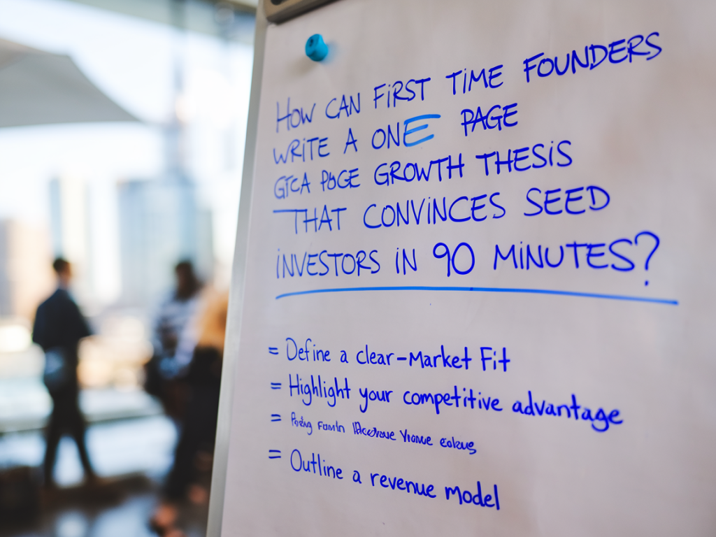 How can first-time founders write a one-page growth thesis that convinces seed investors in 90 minutes?